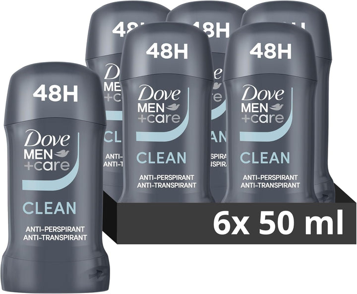 Dove Men+Care Clean Comfort with ¼ Moisturising Cream Men'S Antiperspirant Deodorant Stick for 48 Hour Protection against Sweat and Odour 50 Ml, Pack of 6