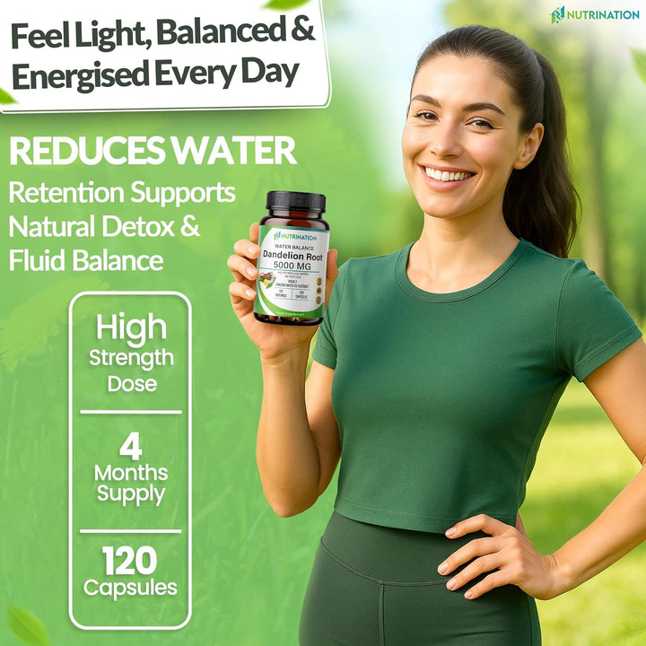 Water Retention Tablets - Dandelion Root Capsules 5000Mg | (4-Month Supply) 120 Vegan Capsules | High-Strength Herbal Supplement for Bloating, Detox & Fluid Balance | Non-Gmo & Lab-Tested