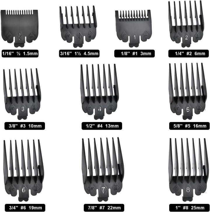 10PCS Hair Clipper Combs Guides Hair Clipper Guards, Limit Comb Hair Cutting Guide Replace Comb Compatible to Many Wahl Clippers (1.5Mm,3Mm,4.5Mm,6Mm,10Mm,13Mm,16Mm,19Mm,22Mm,25Mm)