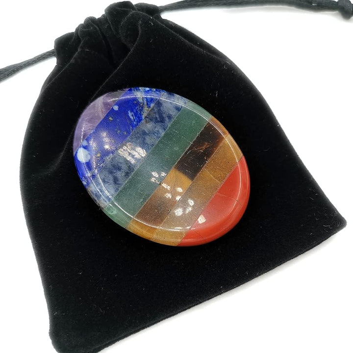 Thumb Worry Stone for Anxiety with Velvet Bag - 7 Chakra Healing Crystal Oval Pocket Palm Stone Gemstones for Reiki Balancing Meditation and Anxiety Relief