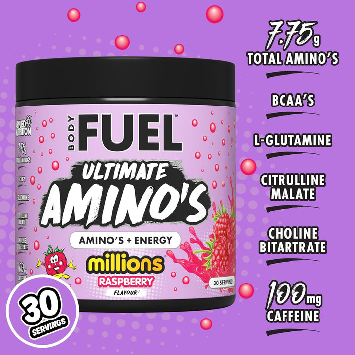 Bodyfuel Amino'S - Amino Acids Supplement, EAA Essential Amino Acids Powder, Muscle Fuel & Recovery (270G - 30 Servings) (Millions Raspberry)