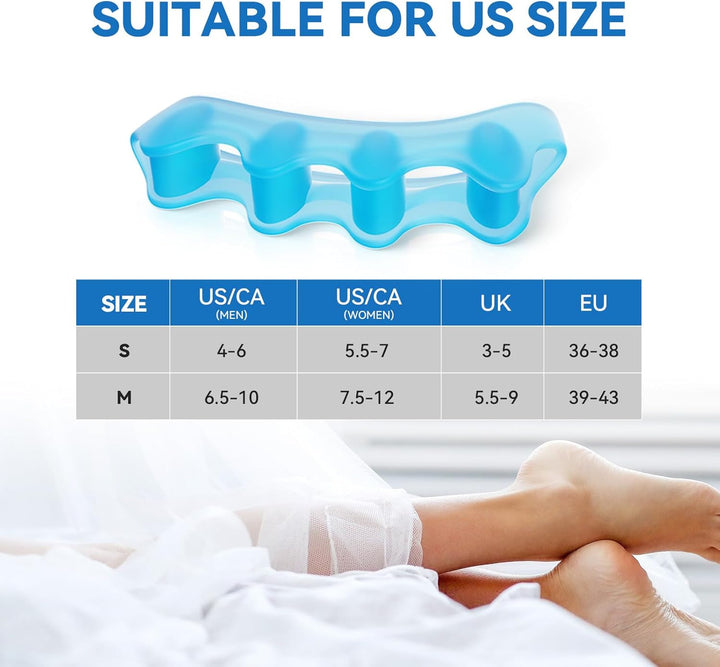 Toe Separators & Toe Spacers - 4 Pairs (Blue and Clear) - Soft Toe Straighteners for Bent Toes - Silicone Toe Separators for Overlapping Toes, Plantar Fasciitis, Hammer Toes & Claw Toes
