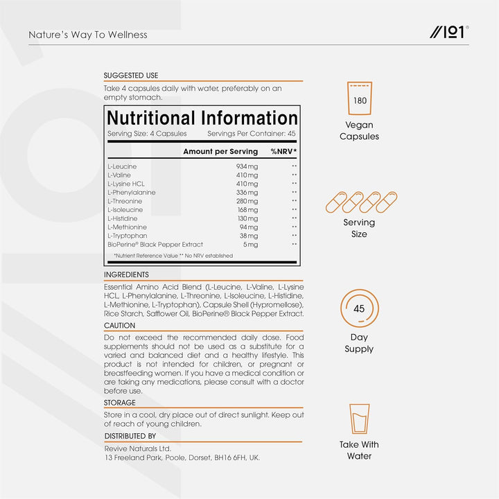 Essential Amino Acids 2800Mg with Bioperine® – 180 Vegan Capsules – All 9 EAA Amino Acids with All 3 Bcaa'S plus 6 More Eaas to Build and Repair Muscle - by