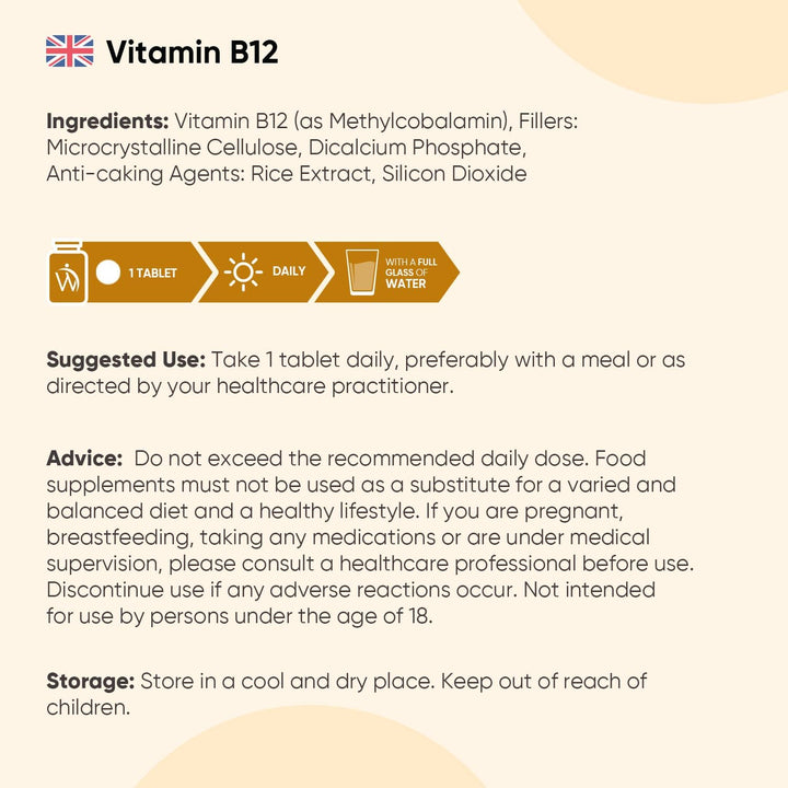 Vitamin B12 500Mcg | Vegan | 365 B12 Vitamin Tablets (1 Year Supply) | 100% Pure Methylcobalamin Tablets | Gluten-Free | Made in the UK
