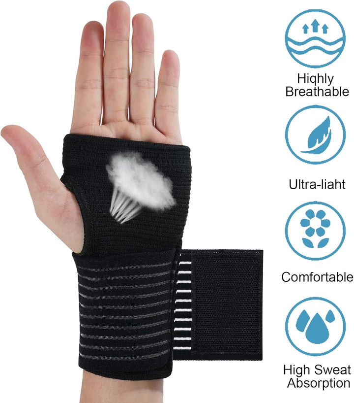 Wrist Brace, 2 Pack Elastic Wrist Support with Strap, Wrist Compression Wrap Adjustable Wrist Strap Relieves Wrist Pain, Tendonitis, Sports Use for Men and Women, Right & Left Palm Support Black