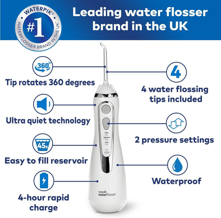 Cordless Advanced Water Flosser, 3 Pressure Settings, Dental Plaque Removal Tool, Ideal for Travel or Small Bathrooms, USB Charger, White, WP-580UK
