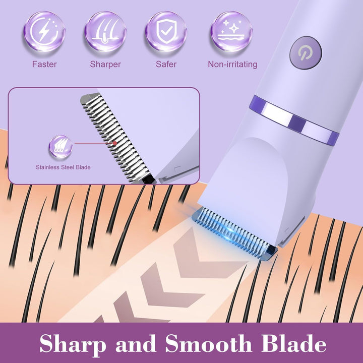 3-In-1 Electric Razor IPX7 Waterproof Bikini Trimmer Wet & Dry Use Painless Personal Trimmer Groomer for Ladies Face Body Legs Bikini Public Hairs Electric Lady Shaver with Replaceable Heads