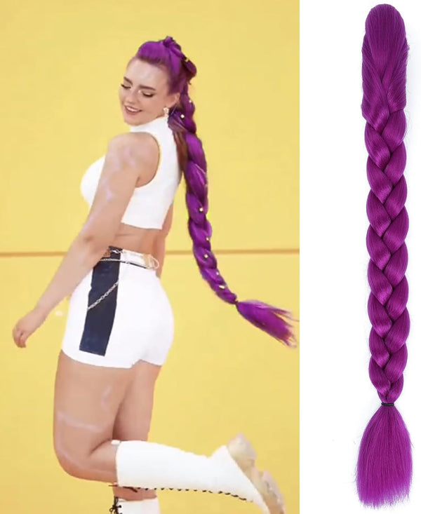 Long Purple Hair Extensions Synthetic Fiber Braid Cosplay Purple Braiding Hair 24 INCH Easy Claw Clip Ponytail Extension for Cosplay Halloween Costume (Purple, 24 Inch)