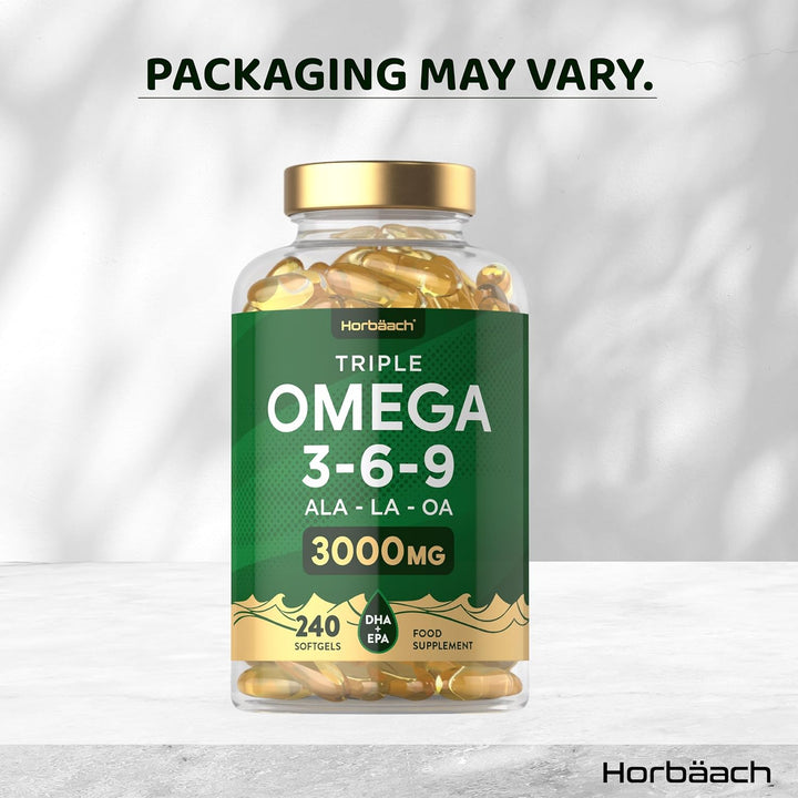 Triple Omega 3 6 9 Capsules 3000Mg ALA, LA & OA | 240 Softgels | High Strength EPA & DHA Essential Fatty Acids | Supplement with Fish Oil, Flaxseed & Sunflower Oil | by