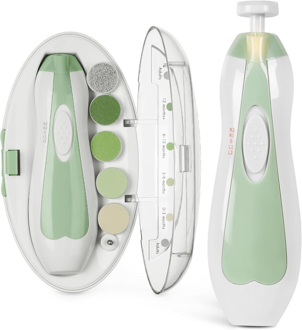 Baby Nail Trimmer Electric Safe Baby Nail Clippers Baby Nail File Kit, Trim Polish Grooming Kit for Newborn Toddler or Adults Toes Fingernails, 6 Grinding Heads and LED Light, Meadow