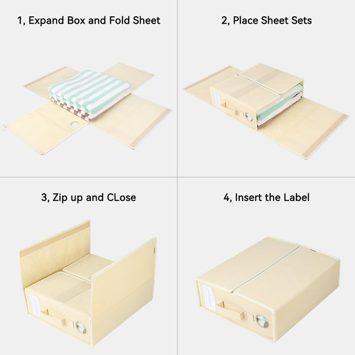 4 Pack Foldable Bed Sheet Organiser Storage, Folding Bedding Organizer Box with Clear Window and Zip for Sheets, Duvet Covers, Blankets, Pillows, Clothes and Towels(Queen & King Size), Apricot