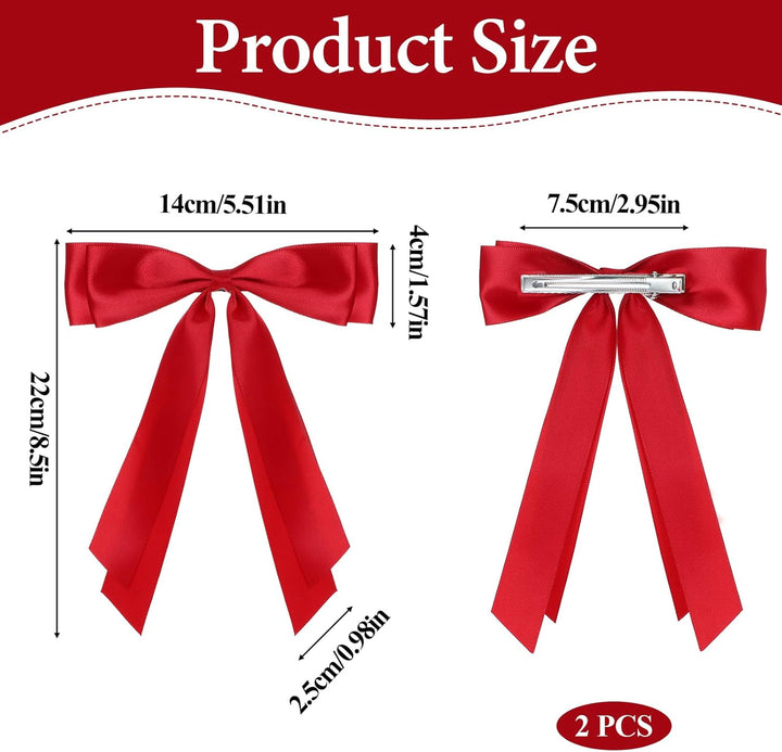 2 Pcs Red Hair Bow, Satin Bows Red Hair Ties, Large Double Satin Ribbon Hair Clips Red Accessories for Holiday Party Women Girls Ponytail Holder