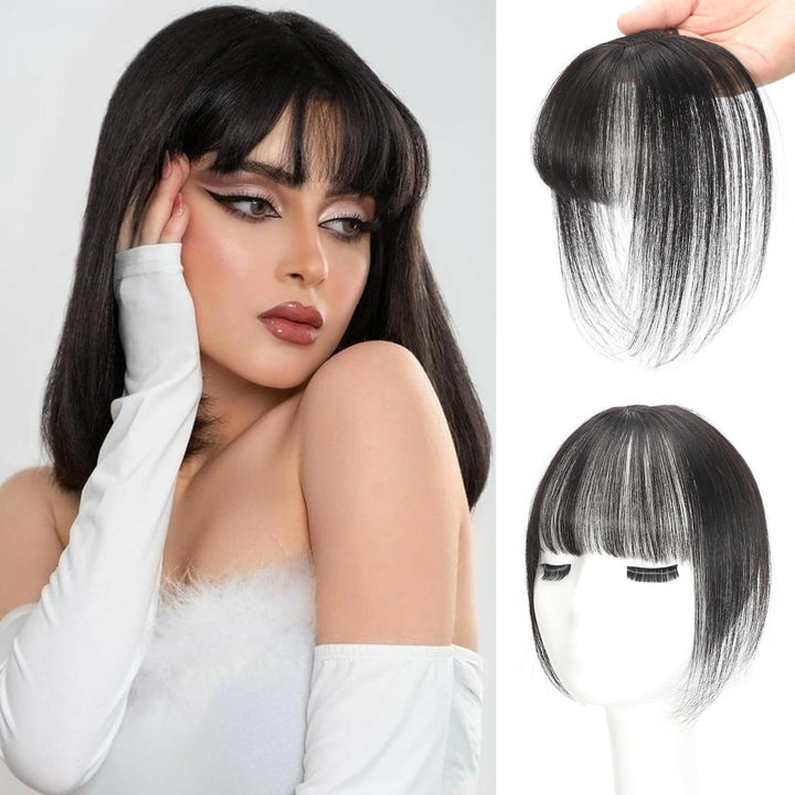 Clip in Fringe - Bangs Hair Clip in Bangs 100% Real Human Hair Extensions Clip on Air Bangs for Women Fringe with Temples Hairpieces Curved Bangs (Dark Brown, French Bangs)