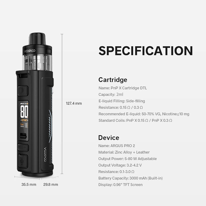 ARGUS PRO 2 Kit 80W Pod Mod Built in 3000Mah Battery with PNP-X Cartridge Electronic Cigarette Vape (No Nicotine, No E Liquid) (Lack Blue)