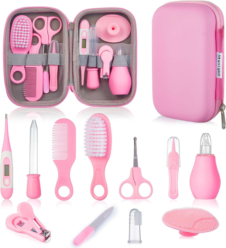 12Pcs Baby Healthcare and Grooming Kit, Newborn Essentials Stuff, Baby Safety Health Nursery Care Set with Nail Files Clippers, Hair Brush, Comb and More for New Born Infant Toddlers Boys Girls - Pink