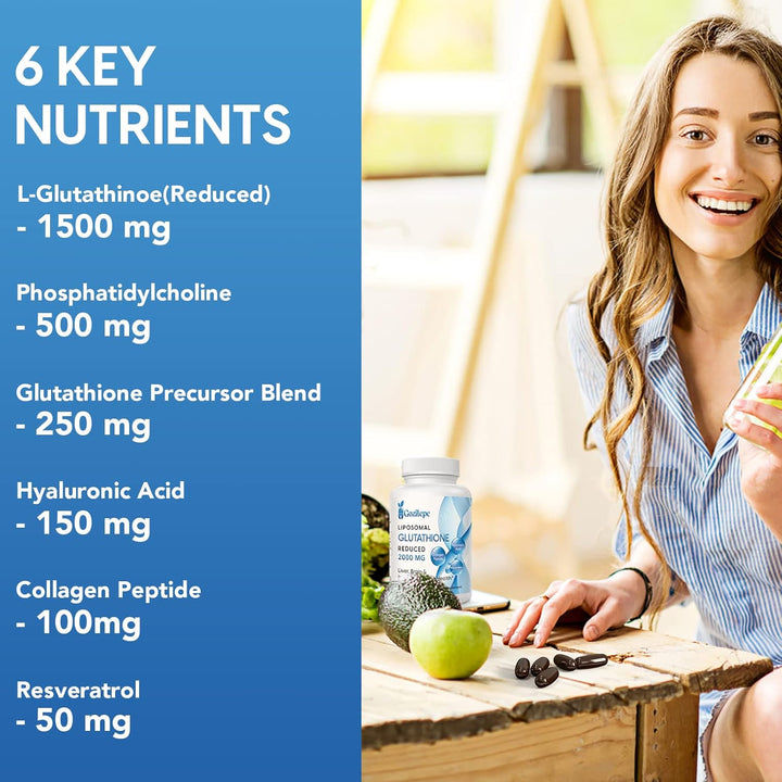 Liposomal Glutathione Reduced 2000Mg per Serving | Glutathione Supplement with Hyaluronic Acid + Collagen Peptide + Resveratrol | 10X Better Absorption (60 Count (Pack of 1))