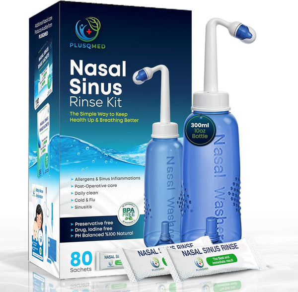Nasal Rinse Kit – 300Ml Neti Pot Bottle + 80 Saline Packets – Sinus Rinse System for Adults & Kids – Natural, Drug-Free, PH Balanced Nasal Wash for Allergy & Cold Relief