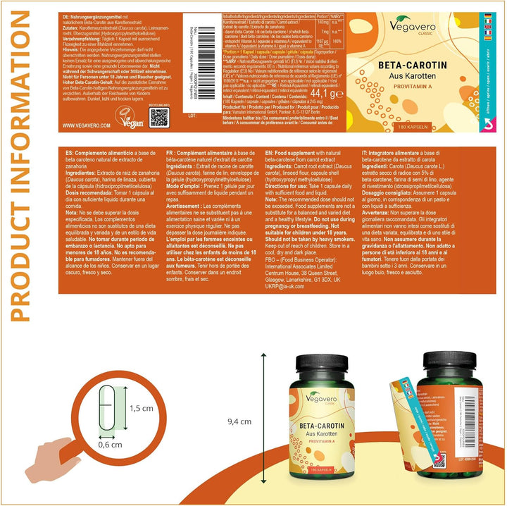 Beta Carotene | 180 Capsules | Tan Accelerator | 100% Natural Source of Vitamin a | NO Additives, Lab-Tested | Vegan