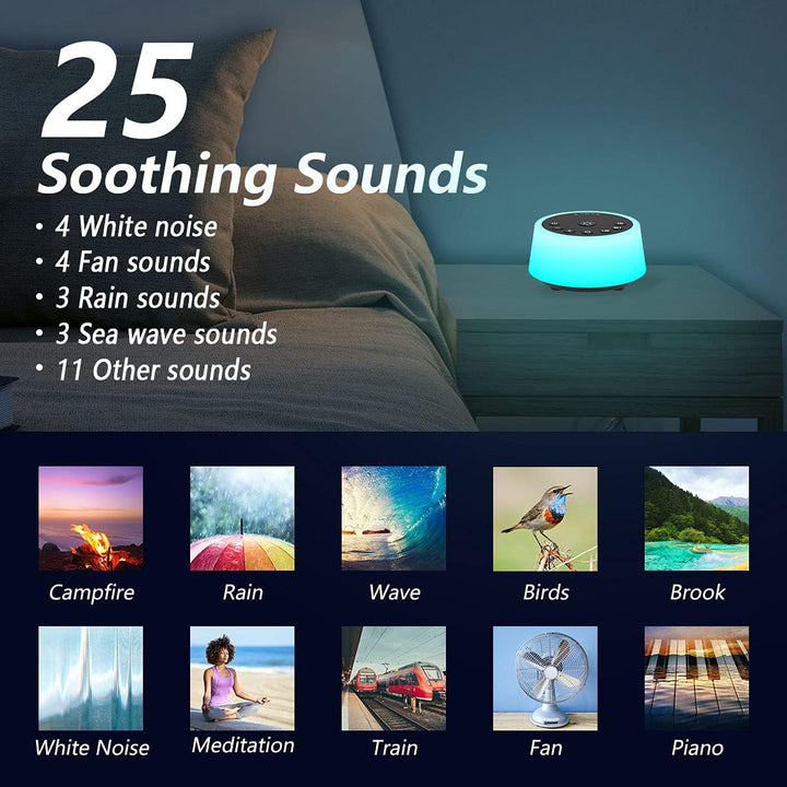 Sound Machines with 10 Colors Night Light 25 Soothing Sounds and Sleep White Noise Machine 32 Volume Levels 5 Timers Adjustable Brightness Memory Function for Adults Kids Baby (Black)
