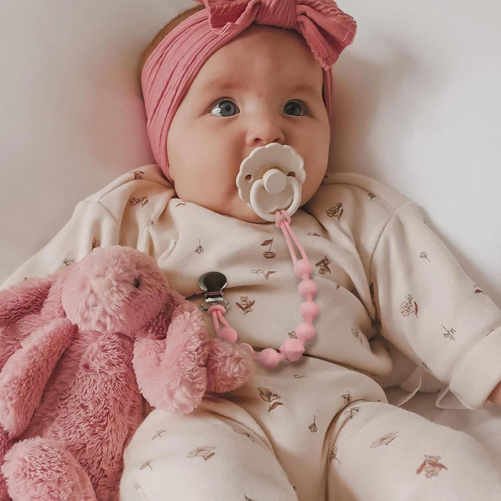 Dummy Clips Boys Girls Silicone Soother Pacifier Chain Flexible Binky Holder Set with Texture for Teething Baby Unisex Newborn Dummies 1-Piece Design(Quartz Pink)