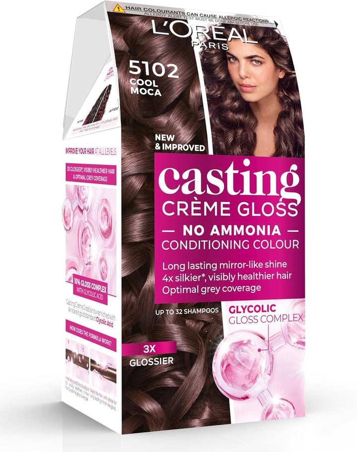 Casting Crème Gloss 400 Brown: a No-Ammonia, Semi-Permanent Hair Colour Lasting 32 Washes. Get up to 3X Glossier, 4X Silkier, Visibly Healthier Hair with This Natural and Radiant Brown Tone.