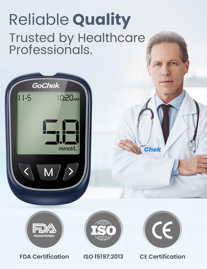 Gochek Diabetes Test Kit, Blood Sugar Tester with Ketone and Hypo Warning, 450 Memory, Blood Glucose Monitor with Test Strips*50 and Lancet*50 -In Mmol/L