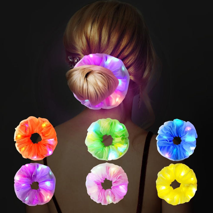 LED Light up Elastic Hair Bands, 6Pcs Luminous Hair Ties, 3 Colors Light Modes LED Scrunchies, Light up Hair Scrunchies for Halloween Rave Glow Party