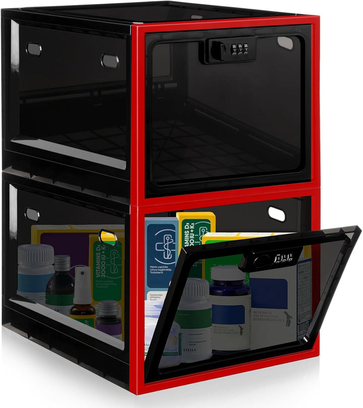 Lockable Medicine Box with Code, 12.6L Large Lockable Storage Box for Medication, Snacks, Phone, and Electronics - Bpa-Free, Clear Design with Charger Holes for Home, Office, Dorm, and Fridge