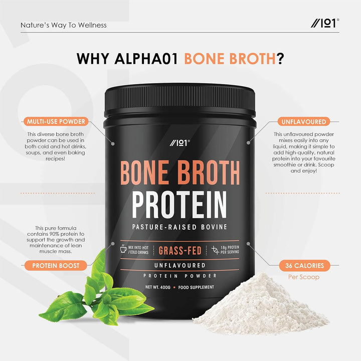 Bone Broth Beef Protein Powder - 400G - Unflavoured - 100% Grass-Fed & Pasture Raised Beef (20 Day Supply) by