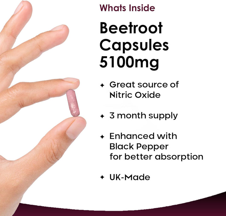 Beetroot Capsules 5100Mg - High Strength Beetroot Supplement 180 Vegan Capsules - Nitric Oxide - Enriched with Black Pepper Made in the UK by New Leaf