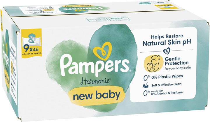 Harmonie New Baby Wipes Plastic Free 9 Packs of 46 Wipes, 414 Baby Wet Wipes, Help Restore Natural Skin Ph