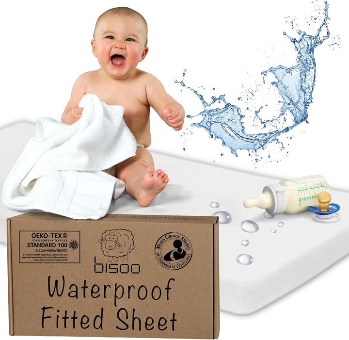 Toddler Bed Waterproof Fitted Sheet 130 X 80 / 32X52-2In1 Fitted Sheet Mattress Protector Made of 100% Jersey Oeko-Tex + PU for Junior Cot Bed - Soft & Silent - White