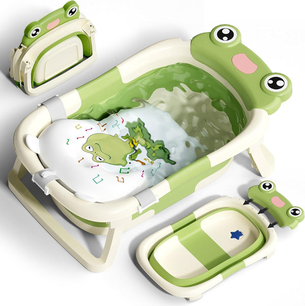 Foldable Baby Bath Tub for Newborn, Collapsible Baby Bathtub with Soft Support Cushion (0-18Months), Baby Shower for Infant to Toddler Gift, Travel Outdoor Design (Green)