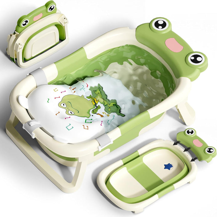 Foldable Baby Bath Tub for Newborn, Collapsible Baby Bathtub with Soft Support Cushion (0-18Months), Baby Shower for Infant to Toddler Gift, Travel Outdoor Design (Green)