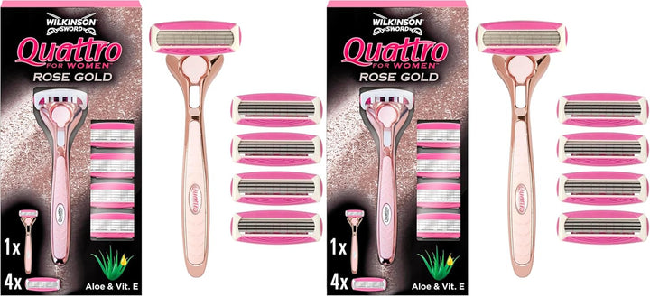 - Quattro for Women | Premium Metal Rose Gold | Razor Handle + 4 Blade Refills