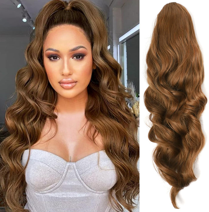 Long Wavy Ponytail Hair Extension for Black Women Drawstring Ponytail Hair Extensions Clip in Black Curly Synthetic Hairpiece