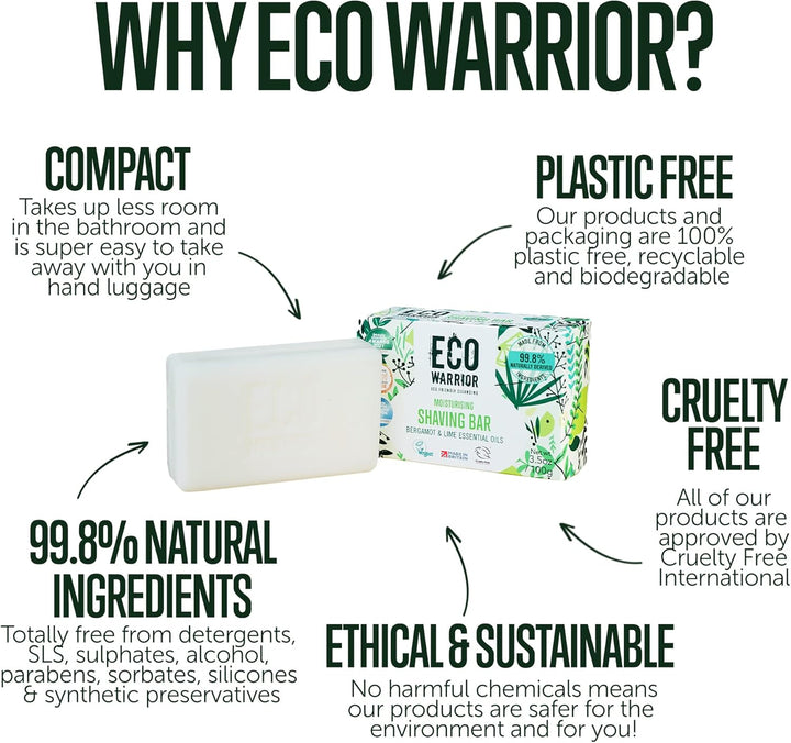 Eco Warrior Shaving Soap - Vegan, Cruelty Free, No SLS or Parabens, Shaving Soap for Men & Women, Contains Moisturising Coconut Oil & Shea Butter, Fragranced with Bergamot & Lime, Gift for Him, 100G