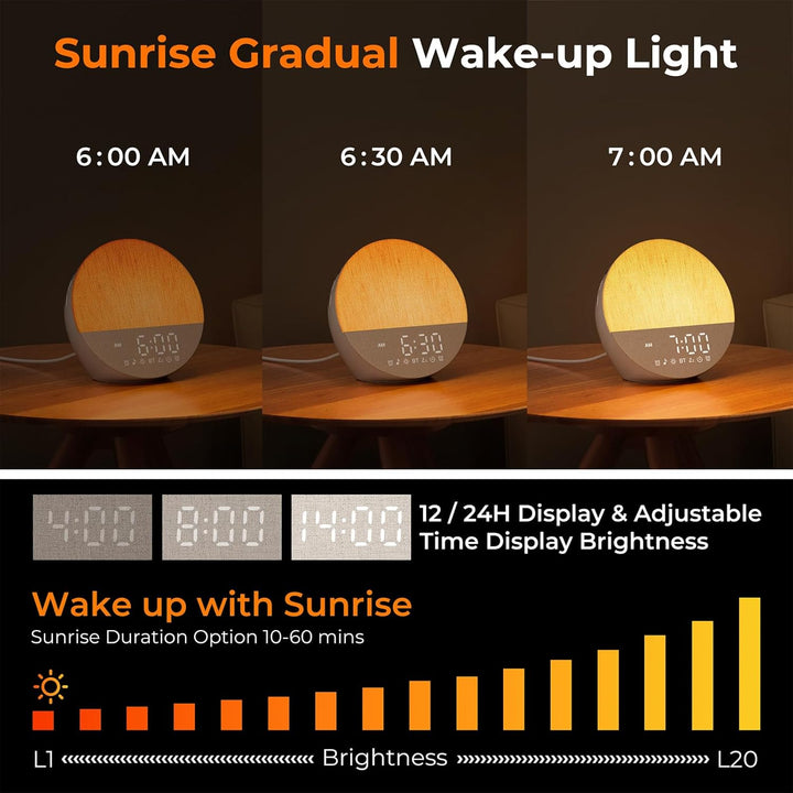 Sunrise Alarm Clocks, Wake up Light with Sunrise Simulation, Dual Alarms, Snooze, White Noise Machine Sleep Aid with 30 Natural Sounds, Bluetooth 5.3, 18 Color Modes, Gift for Heavy Sleeper/Kid