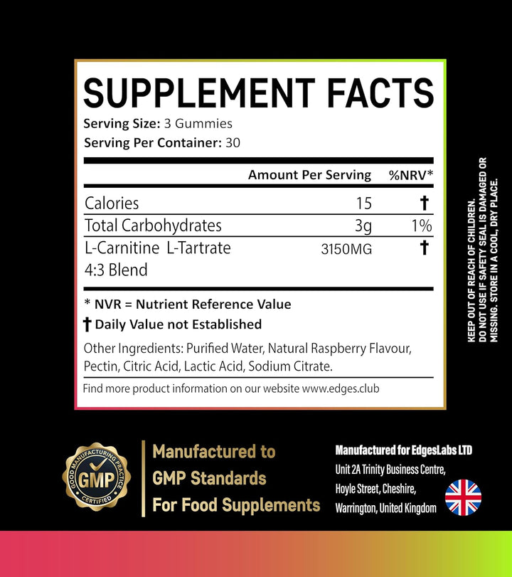 L-Carnitine L-Tartrate 3150Mg Gummies – 90 Raspberry Gummies – High Strength for Energy, Metabolism & Fatigue Support – Vegan Friendly L-Carnitine L-Tartrate Supplement – 30 Day Supply