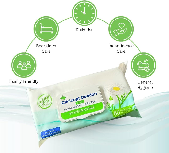 Comfort Biodegradable Sensitive Premium Full Body Adult Cleansing Wet Wipes Large Refreshing Rinse Free Fragrance-Free Bed Bath Intimate Care Soft Sheets. Used by NHS - 80 Wipes