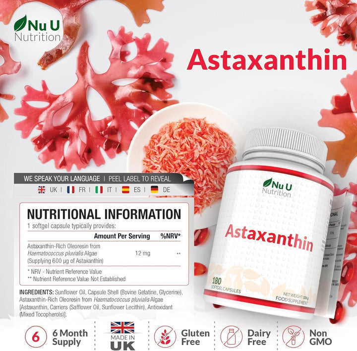 Astaxanthin 12Mg - 180 High Strength Softgel Capsules - 6 Month Supply - Powerful Antioxidant Supplement - Astaxanthin from Haemotococcus Pluvialis Algae - Made in the UK -