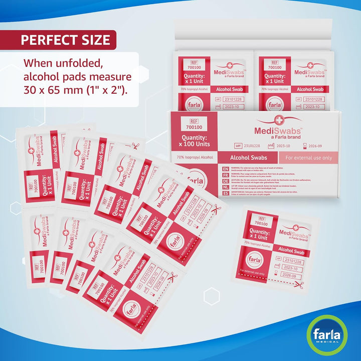 Mediswabs Pre Injection Alcohol Wipes (X100), Antiseptic Wipes with 70% Isopropyl Alcohol Sachets, Individually Wrapped Disposable Wound Cleaning Wipes, First Aid/Medical Use