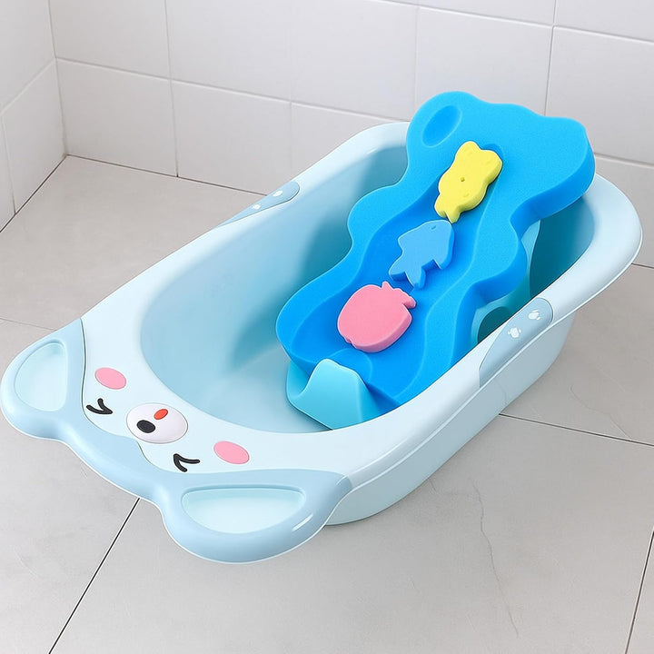 Baby Bath Sponge with Support Pillow, Anti-Slip Foam Baby Bath Cushion & Holder, Antimicrobial Blue Bath Mat for Infant Care & Newborn