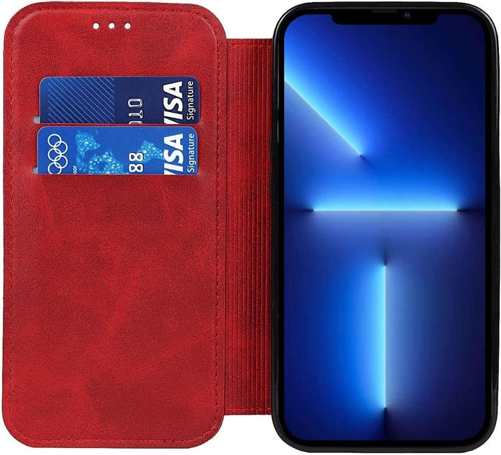 Wallet Case for Iphone 13/13 Pro/13 Pro Max, PU Leather Magnetic Protective Flip Case Cover with Credit Card Slot Viewing Stand Shockproof TPU (Color : Red, Size : 13Pro Max 6.7")