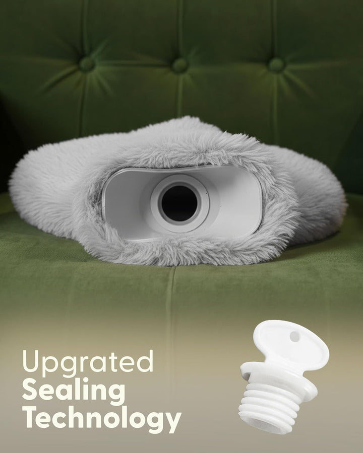 Hot Water Bottle 2L with Soft Faux Fur Cover, Leakproof Natural Rubber, Long Lasting Warmth for Neck, Back & Hands, Fluffy Cosy Design for Men & Women, Winter Comfort - Grey