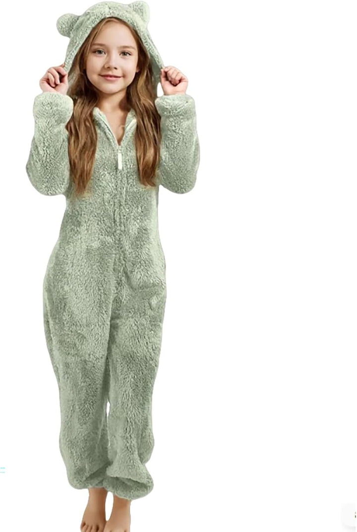 Girls Fleece Hooded Romper Jumpsuit with Ears Soft Warm Winter Pajamas Play Costume for Toddler Kids