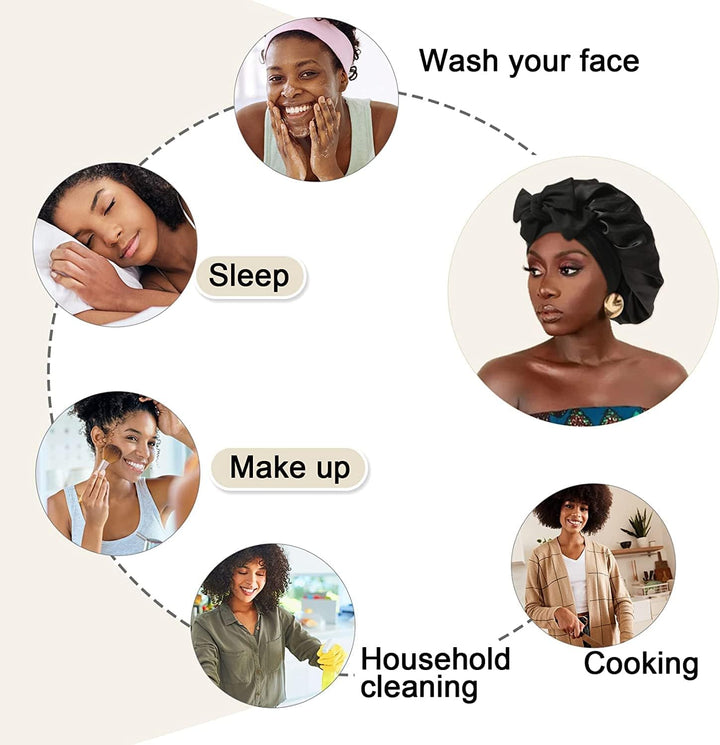 2PCS Satin Bonnet, Silk Bonnet Hair Wrap for Sleeping, Hair Bonnet for Bath, Tie Band for Women Long Curly Braid Hair (Black, Pink)