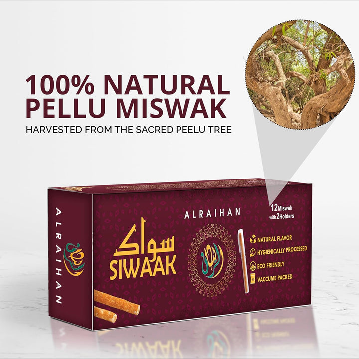 12Pcs Miswak Sticks with 2 Holders for Natural White Teeth- Original Siwak Traditional Arabian Toothbrush, Wooden Chew Sticks for Organic Teeth Cleaning & Mouth Care||Pack of 12