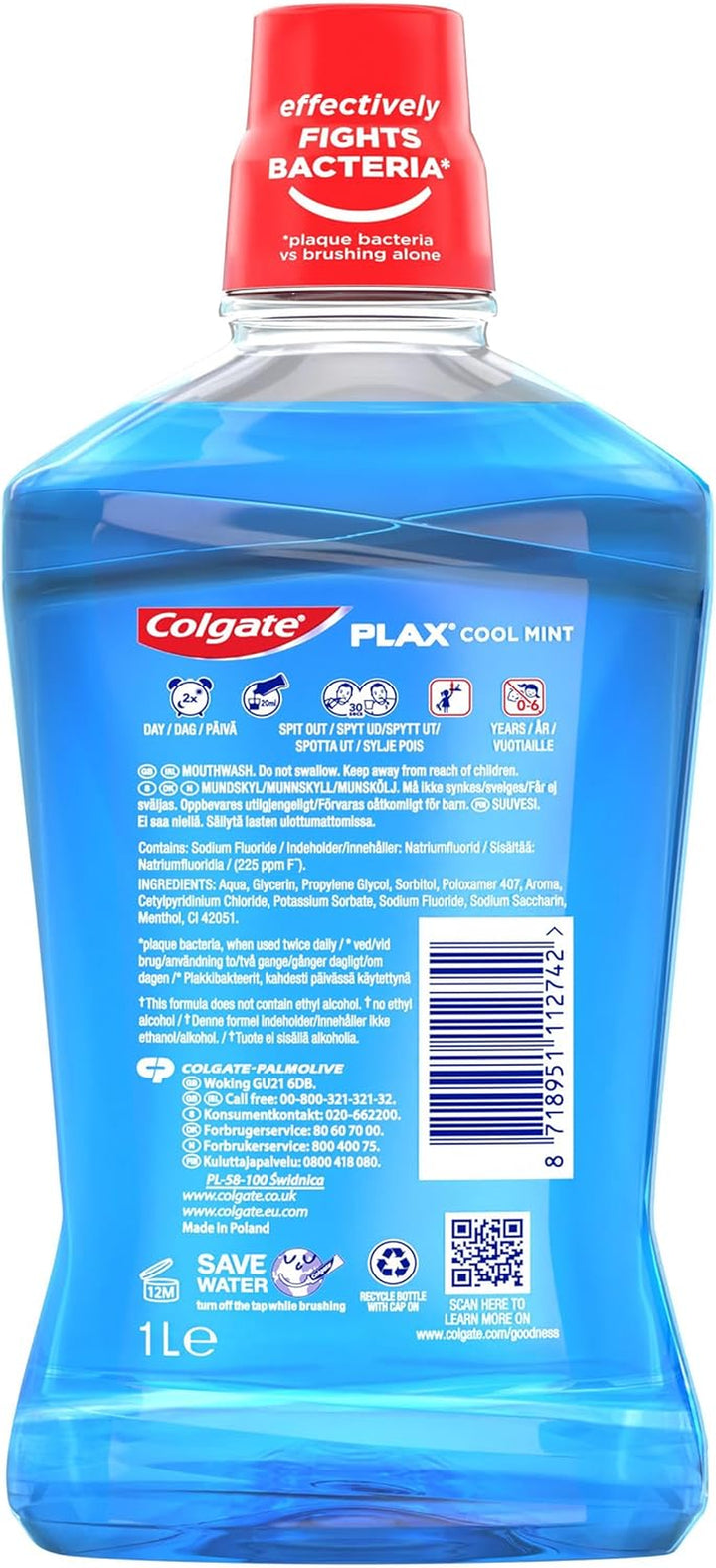 Plax Cool Mint Alcohol Free* Mouthwash 1L - Mouthwash Alcohol Free* - Instant Long-Lasting Freshness - No Burn Experience - 24/7 Plaque Protection When Used Twice Daily