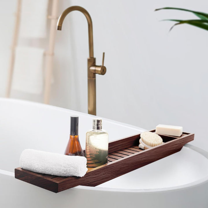 Slimline Acacia Wood Bathtub Caddy Tray Bridge Wooden Bath Rack Bathroom Accessory Bath Shelf over Tub Bathroom Board Storage Shelf Tidy Relax Organiser, 70 X 14.5 X 7.5 Cm - Natural